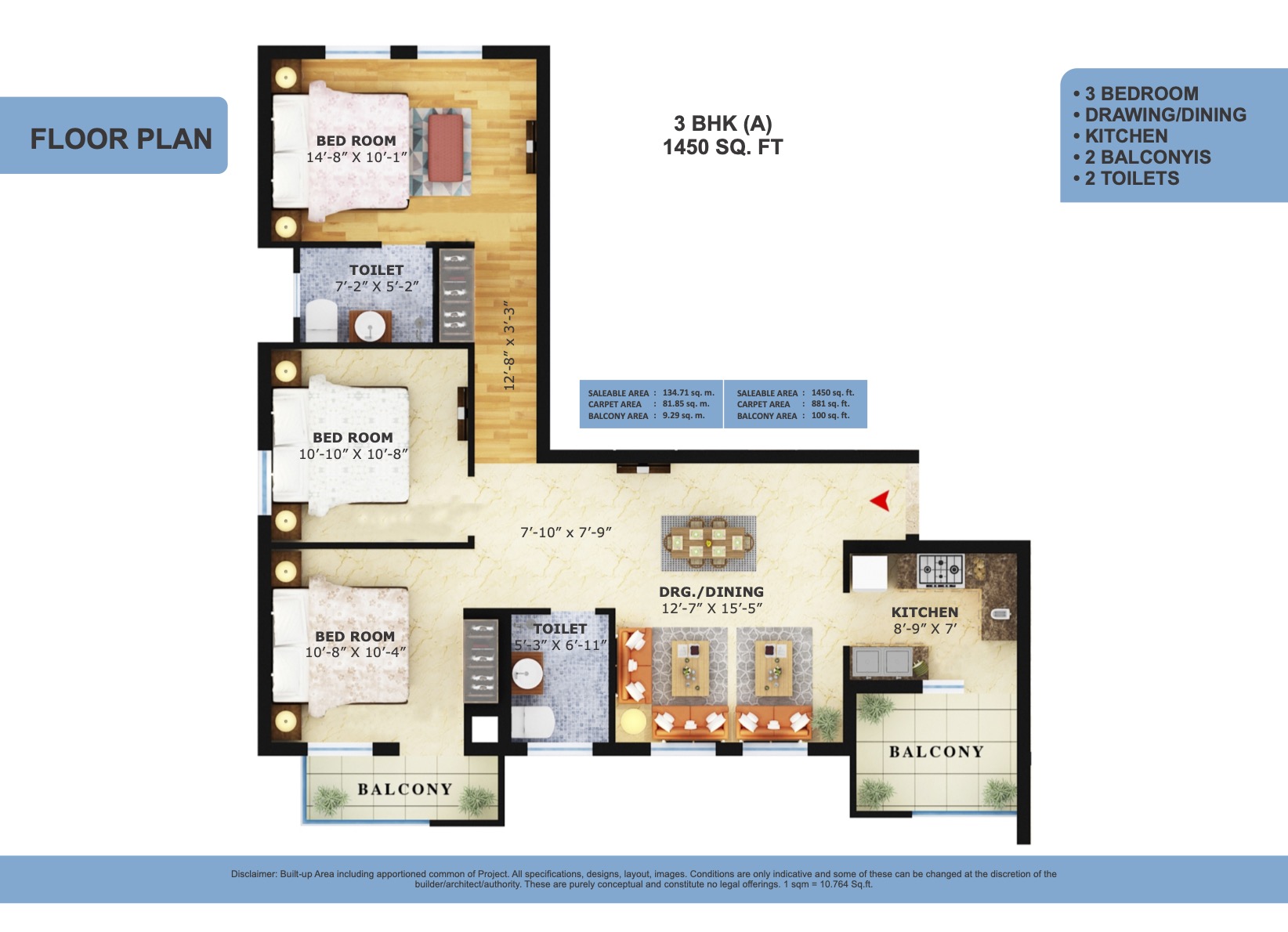 Floor Plan - 3BHK - 1450 Sq Ft - Type A